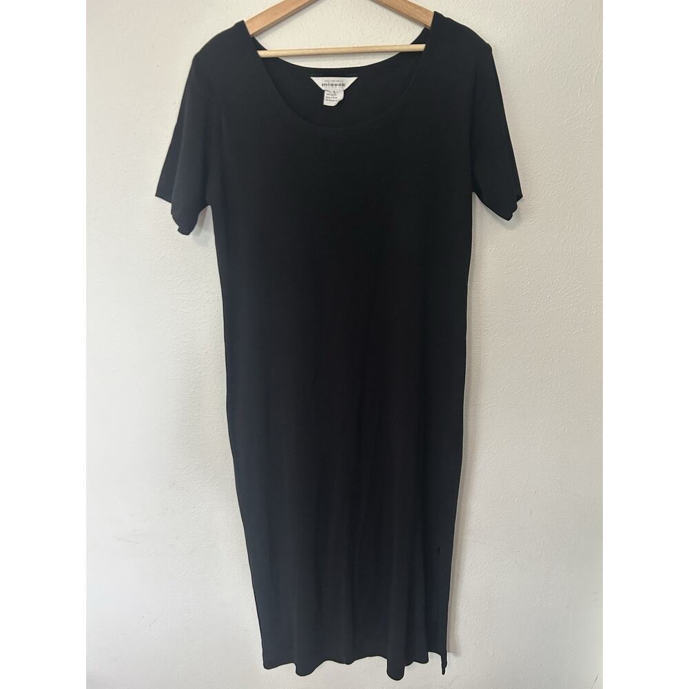 Exclusively Misook Black Scoop Neck Sheath Maxi Knit Dress Side Slit Size Large